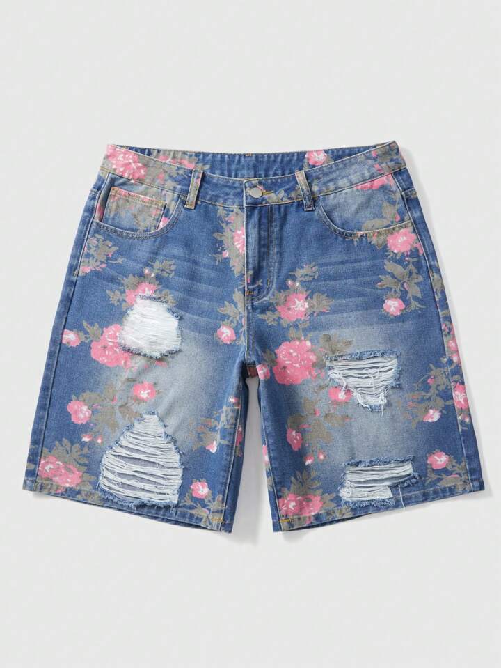 Men's Floral Print Patch Pocket Distressed Loose Casual Denim Shorts, Vacation