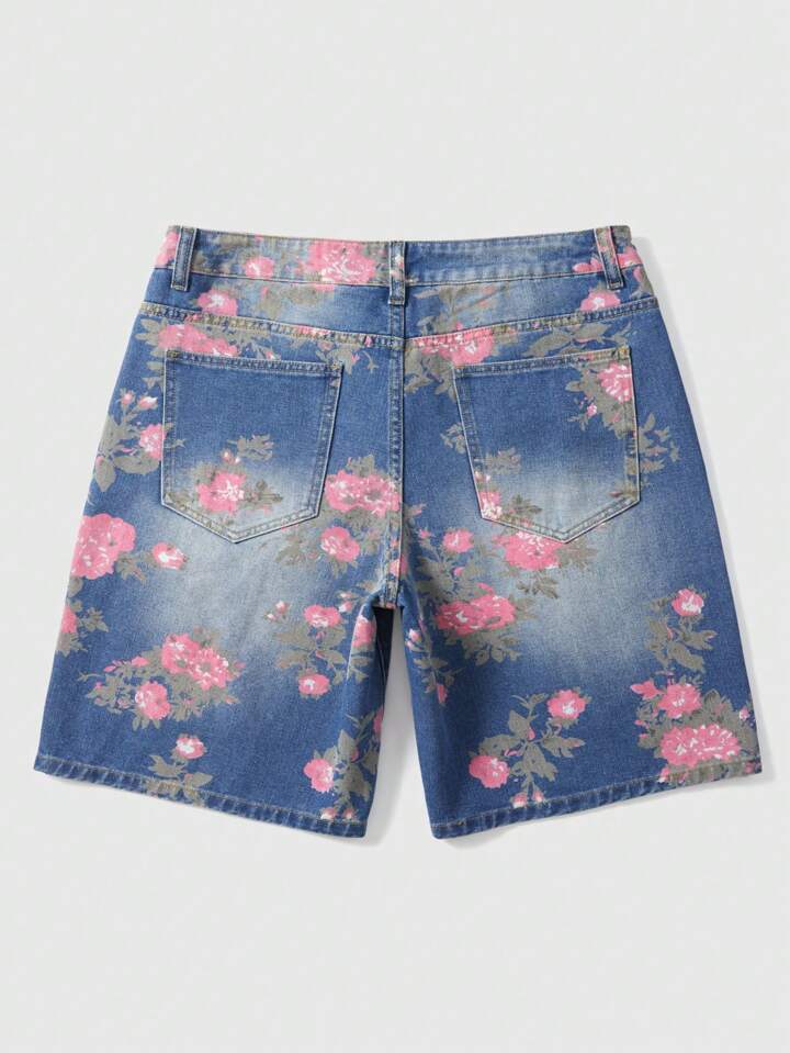 Men's Floral Print Patch Pocket Distressed Loose Casual Denim Shorts, Vacation