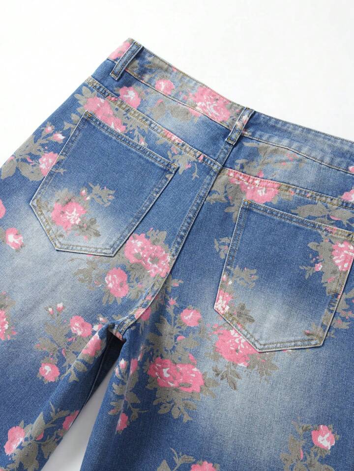 Men's Floral Print Patch Pocket Distressed Loose Casual Denim Shorts, Vacation