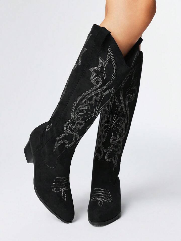 Kawaii Women's Plus Size Fashion Embroidered Western Cowboy Boots, Suede Lining, Slip-On Knee-High Boots, Autumn/Winter 2025 New Outdoor