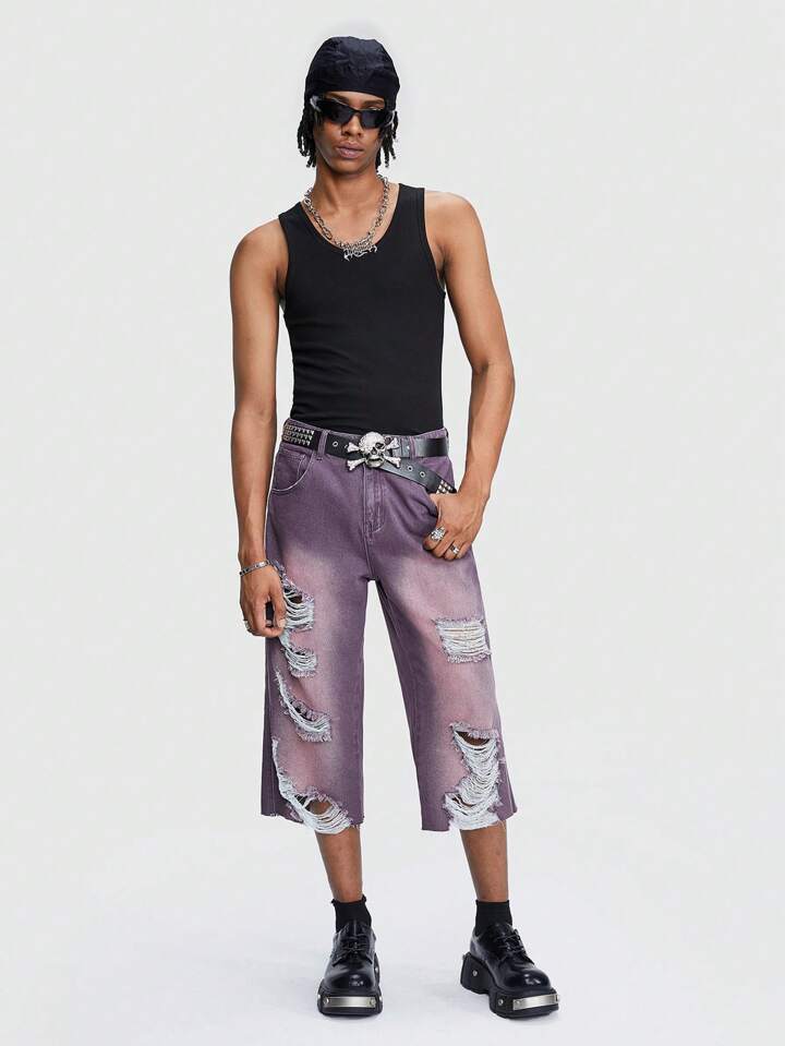 Men Casual Straight Leg Mid-Rise Denim Shorts With Distressed Design And Insert Pockets