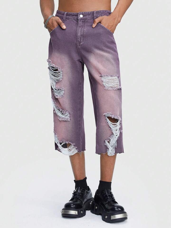 Men Casual Straight Leg Mid-Rise Denim Shorts With Distressed Design And Insert Pockets