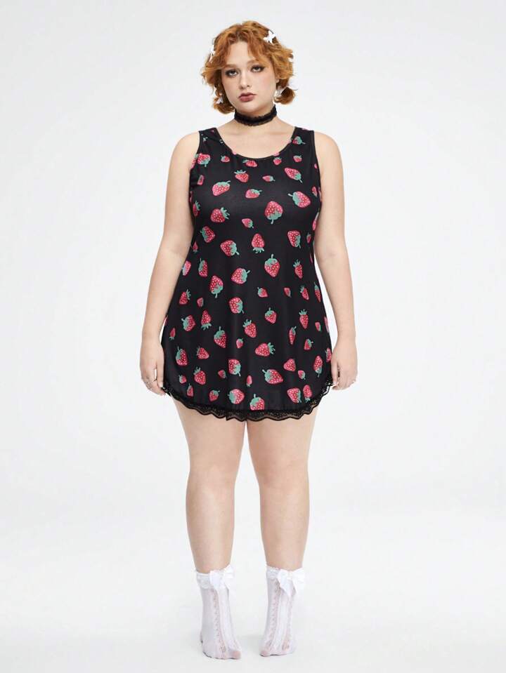 Kawaii Plus Size Strawberry Printed Lace Patchwork Loungewear Dress, Country Style 2 Kawaii Plus Size Strawberry Printed Lace Patchwork Loungewear Dress, Country Style