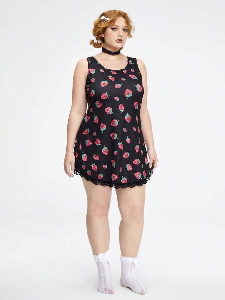 Kawaii Plus Size Strawberry Printed Lace Patchwork Loungewear Dress, Country Style 3 Kawaii Plus Size Strawberry Printed Lace Patchwork Loungewear Dress, Country Style