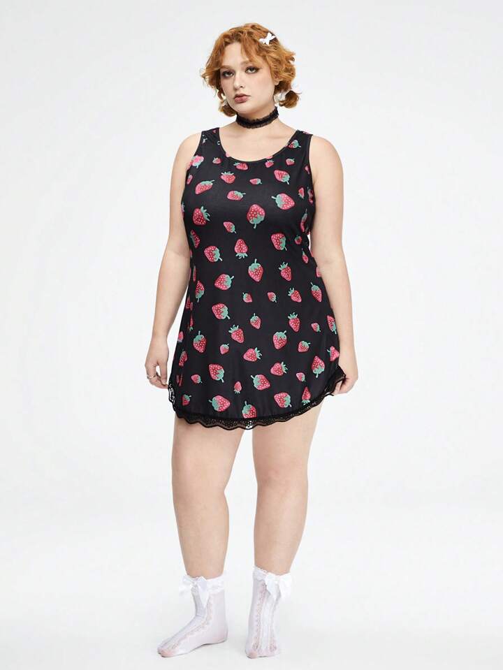 Kawaii Plus Size Strawberry Printed Lace Patchwork Loungewear Dress, Country Style 4 Kawaii Plus Size Strawberry Printed Lace Patchwork Loungewear Dress, Country Style