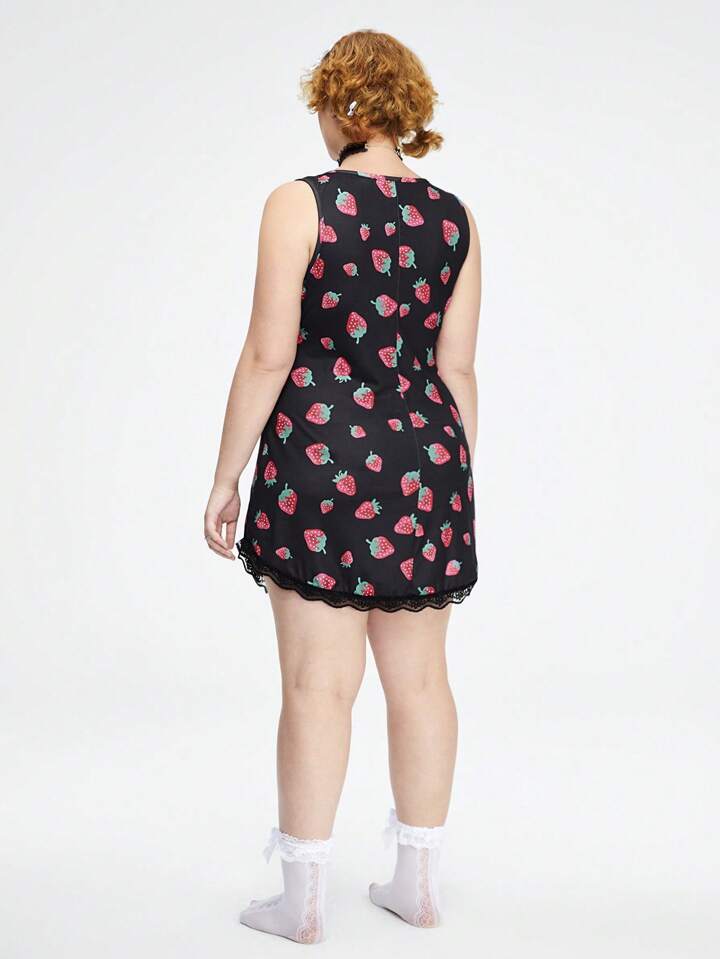 Kawaii Plus Size Strawberry Printed Lace Patchwork Loungewear Dress, Country Style 5 Kawaii Plus Size Strawberry Printed Lace Patchwork Loungewear Dress, Country Style