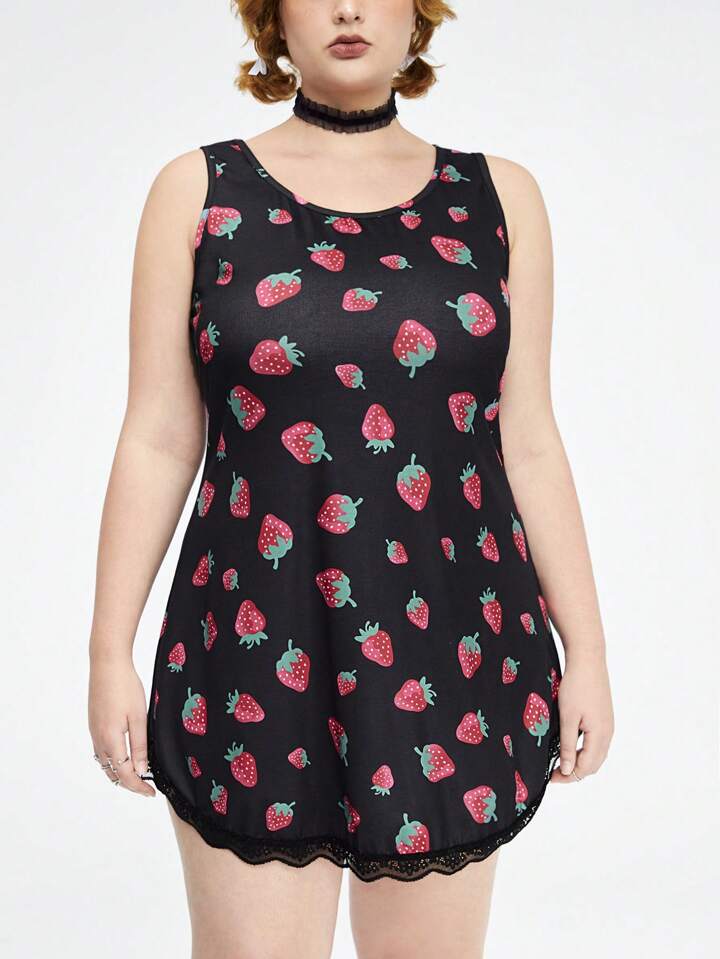 Kawaii Plus Size Strawberry Printed Lace Patchwork Loungewear Dress, Country Style 6 Kawaii Plus Size Strawberry Printed Lace Patchwork Loungewear Dress, Country Style