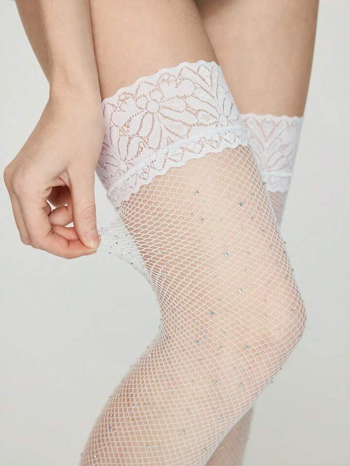 Kawaii 1 Pair Fashionable & Sexy Fuchsia Rhinestone Embellished Minimalist Romantic Fishnet Thigh High Socks, Suitable For Music Festivals, Dates, Galas