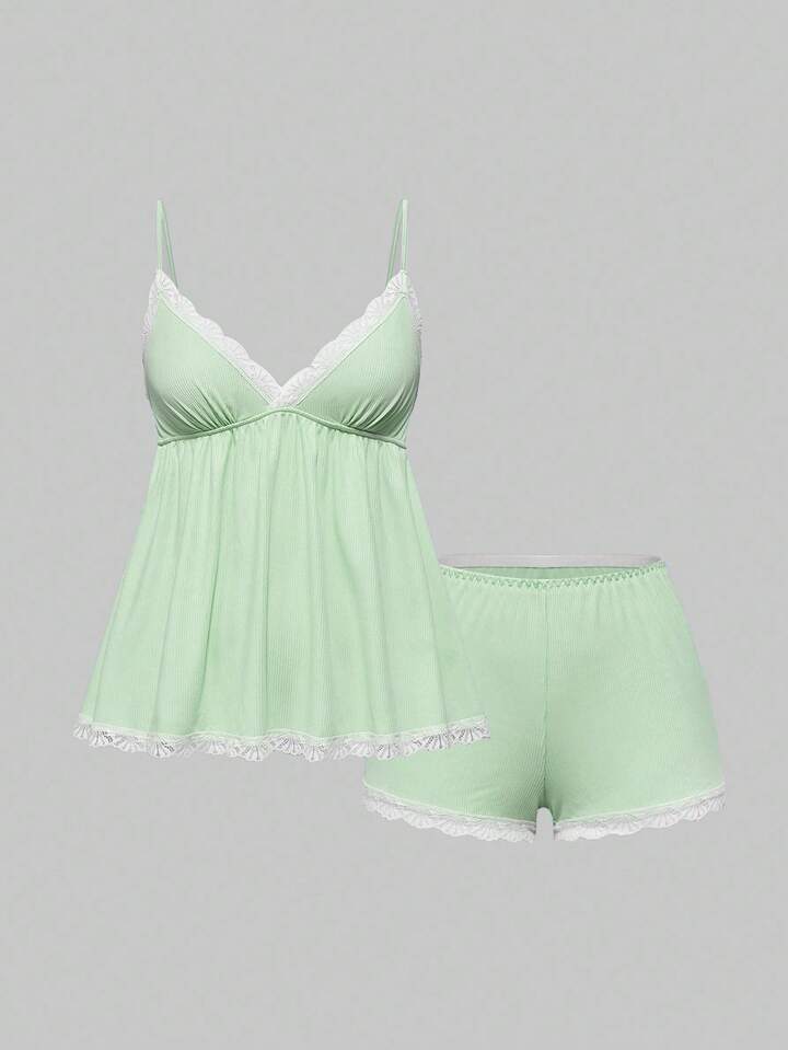 Women's Summer Contrast Lace Camisole Top And Shorts Pajama Set