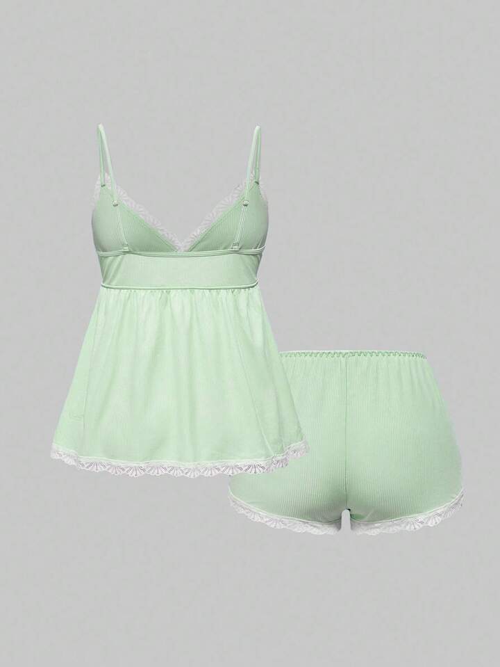 Women's Summer Contrast Lace Camisole Top And Shorts Pajama Set 2 Women's Summer Contrast Lace Camisole Top And Shorts Pajama Set