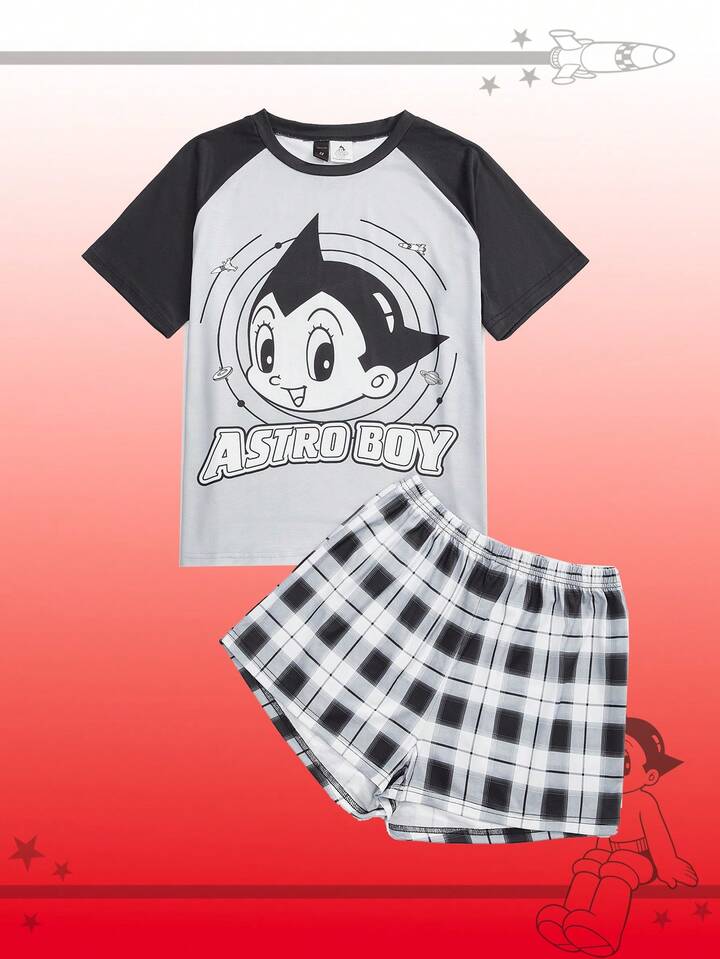Astro Boy X ROMWE Colorblock Cartoon Figure Graphic Raglan Short Sleeve Top And Plaid Shorts Casual Pajama Set