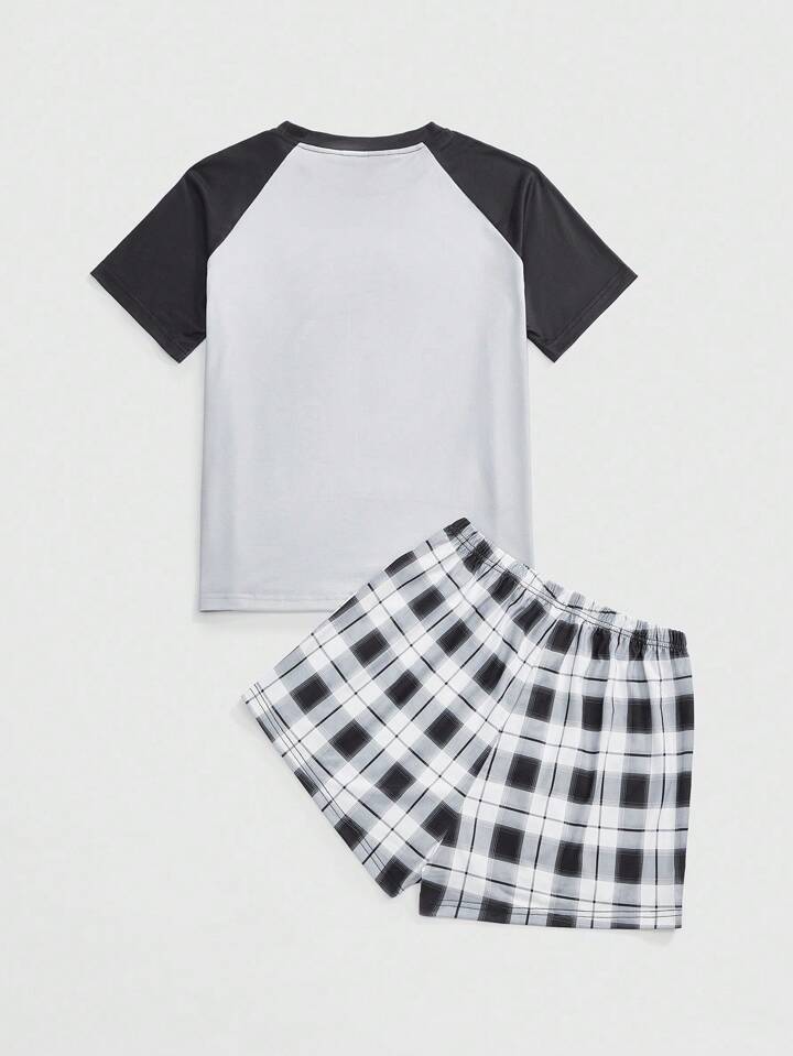 Astro Boy X ROMWE Colorblock Cartoon Figure Graphic Raglan Short Sleeve Top And Plaid Shorts Casual Pajama Set
