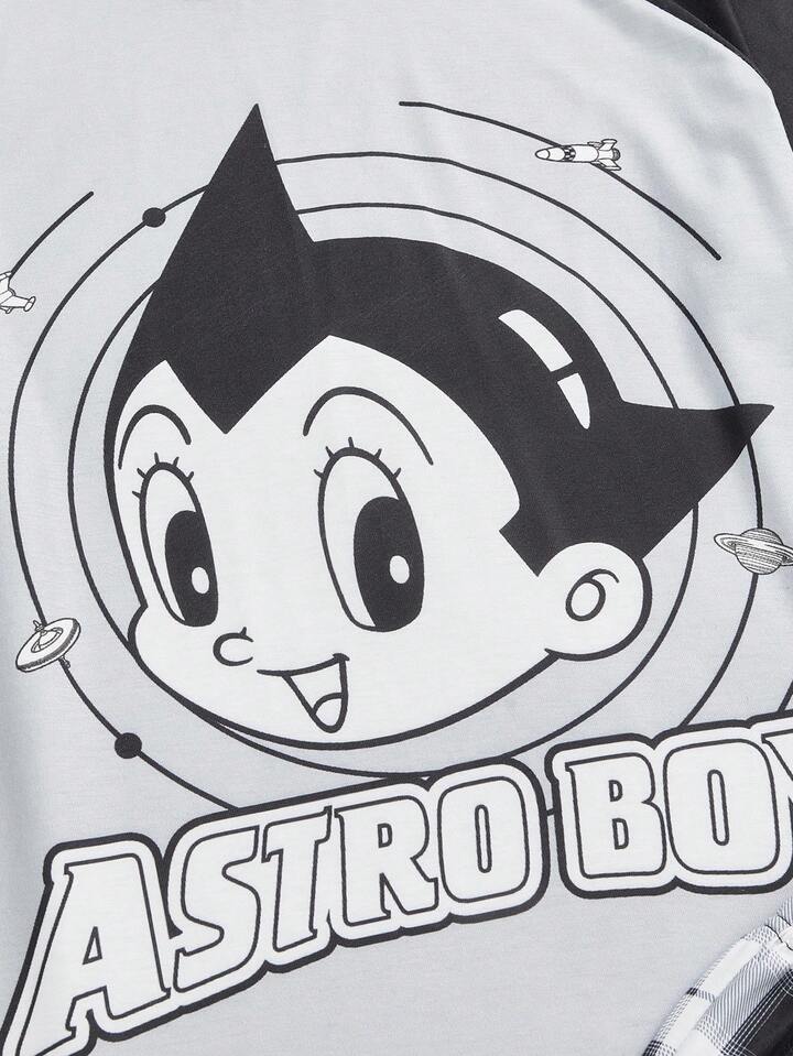 Astro Boy X ROMWE Colorblock Cartoon Figure Graphic Raglan Short Sleeve Top And Plaid Shorts Casual Pajama Set