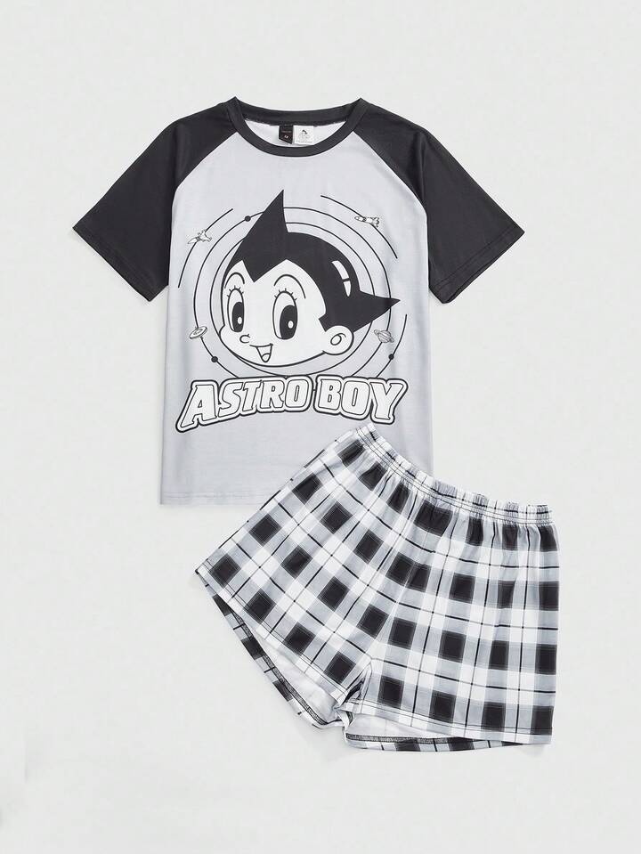Astro Boy X ROMWE Colorblock Cartoon Figure Graphic Raglan Short Sleeve Top And Plaid Shorts Casual Pajama Set 5 Astro Boy X ROMWE Colorblock Cartoon Figure Graphic Raglan Short Sleeve Top And Plaid Shorts Casual Pajama Set