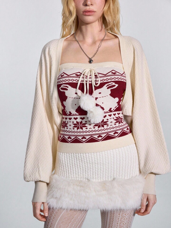 ROMWE Avant 2pcs Fairisle Jacquard Fuzzy Feeling Sweater Set For Women - Tube Top + Short Cardigan