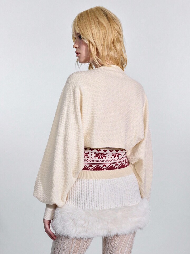ROMWE Avant 2pcs Fairisle Jacquard Fuzzy Feeling Sweater Set For Women - Tube Top + Short Cardigan