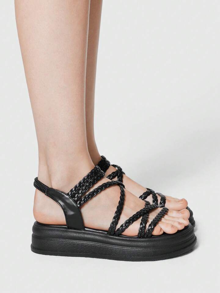 Women's Peep Toe Roman Summer Beach Sandals, Cross-Strap Woven Platform Wedge Heeled Sandals Spring Shoes Spring Break Easter