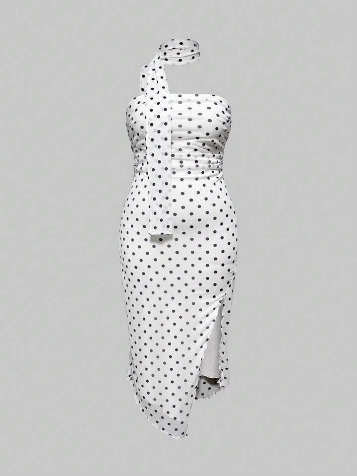 ROMWE Avant Plus Size Vintage Polka Dot Asymmetric Hem Slit Turtleneck Bandeau Dress For Holiday In Sicily