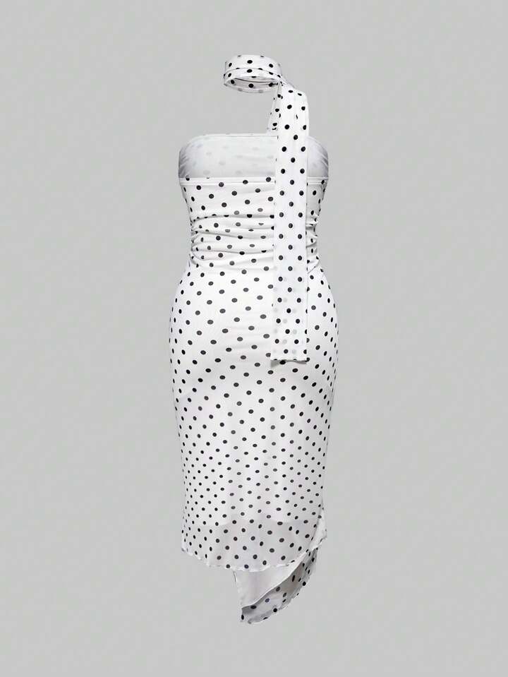 ROMWE Avant Plus Size Vintage Polka Dot Asymmetric Hem Slit Turtleneck Bandeau Dress For Holiday In Sicily