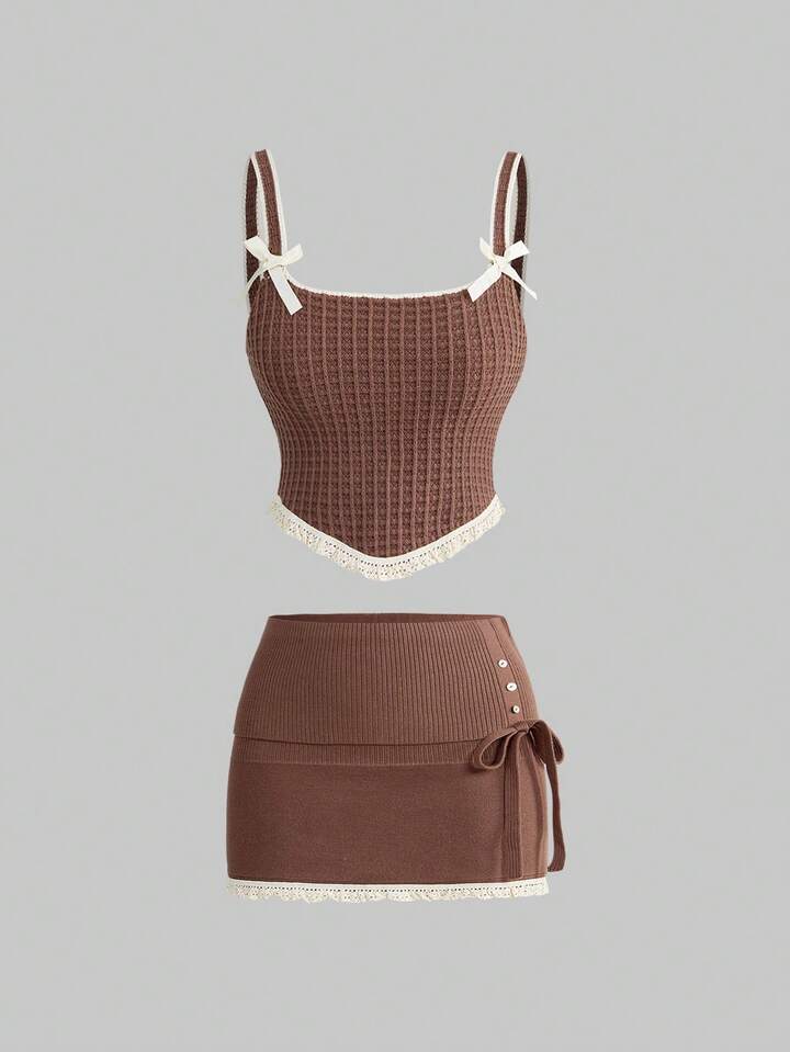 Kawaii Cute Contrast Color Ruffle Bow Tie Camisole & Foldover Waist Mini Skirt Sweater 2 Pieces Set