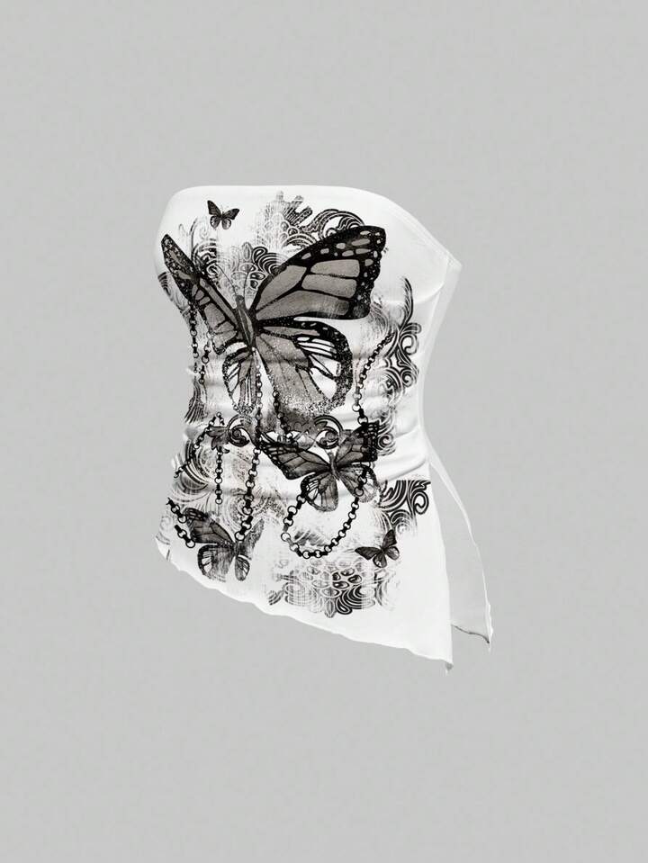 Fairycore Vintage Butterfly Chain Design Sexy Halter Crop Top, Tube Allover Print Blouse For Women
