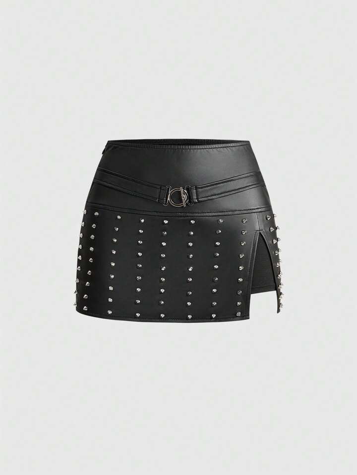 Grunge Punk Dark Punk Girl PUNK Rivet Patchwork PU Mini Skirt