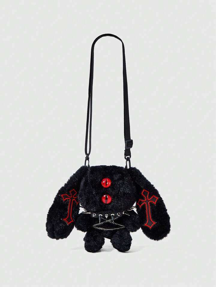 1pc Dark Punk Style Plush Rabbit Crossbody Bag With Personalized Cross And Rivet Decoration, Red Eye Cute Doll Bag , Goth