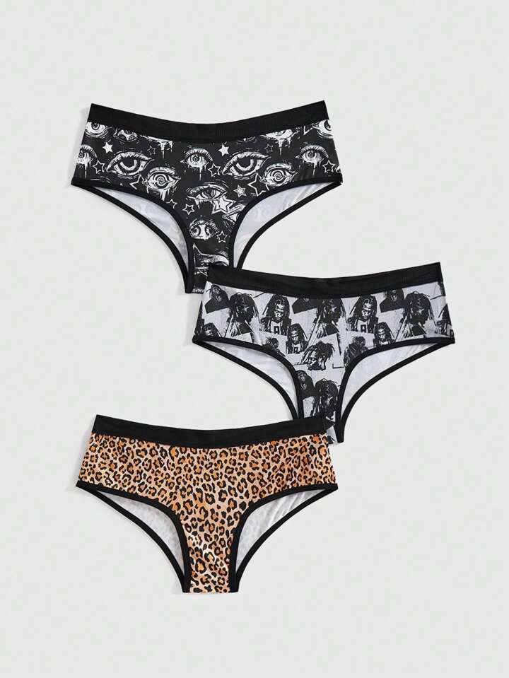 Grunge Punk 3pcs/Set Punk Rock Leopard Print Black Eye Portrait Full-Print Women's Thong Panties
