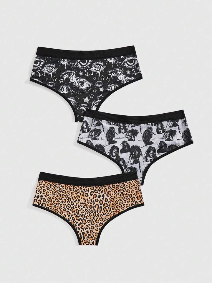 Grunge Punk 3pcs/Set Punk Rock Leopard Print Black Eye Portrait Full-Print Women's Thong Panties 2 Grunge Punk 3pcs/Set Punk Rock Leopard Print Black Eye Portrait Full-Print Women's Thong Panties