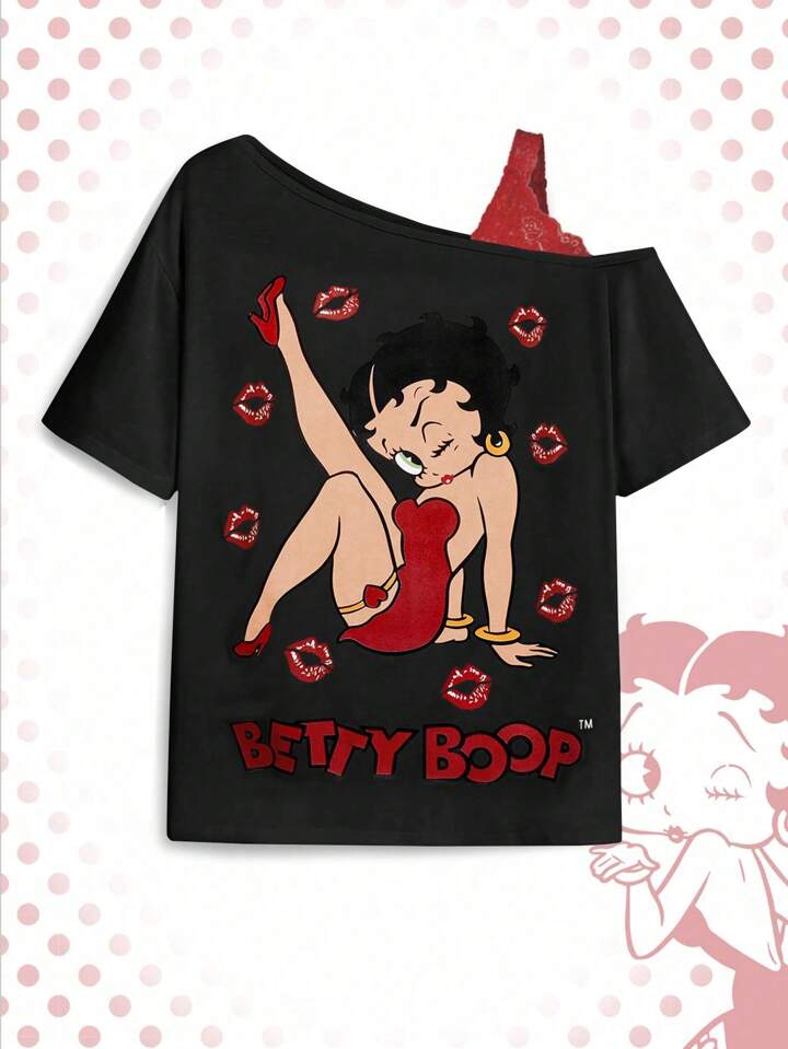 Betty Boop | ROMWE Plus Size Cartoon Character & Letter Print Contrast Lace Asymmetric Shoulder Casual T-Shirt, Summer,Graphic Tee
