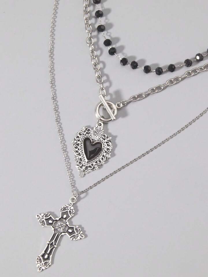 Hippie 3pcs Gothic Dark Glass Crystal Cross, Heart Pendant Necklace, Personalized Hip Hop Multilayer Necklace For Women, Holiday Gift, Halloween