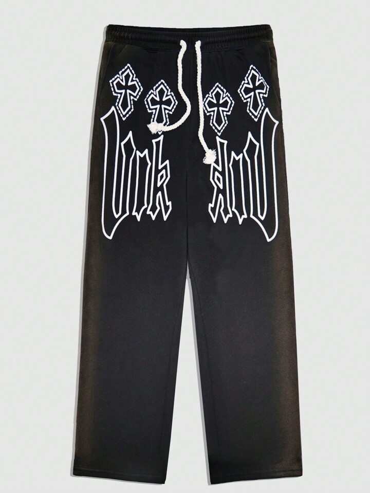 Goth Men's Vintage Cross & Letter Printed Drawstring Waist Jogger Pants, Suitable For Daily Wear In Spring And Summer