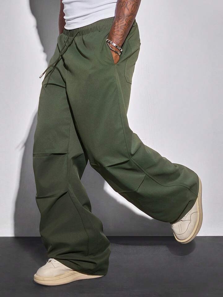 Men's Solid Color Drawstring Waist Pleated Wide Leg Casual Sweatpants