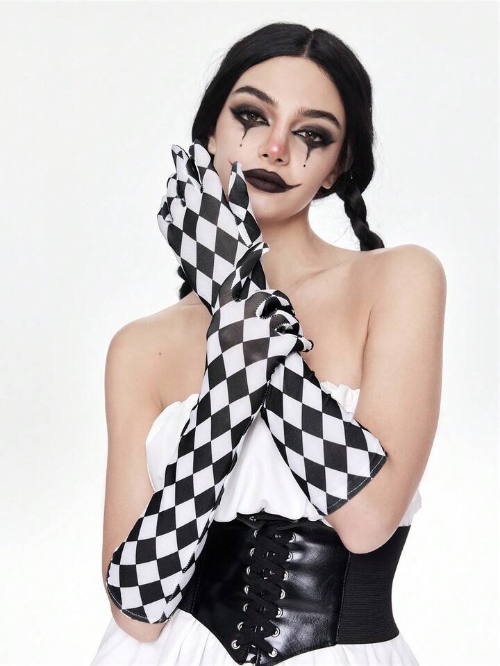 Grunge Punk 1 Pair Punk Style Black & White Plaid Pattern Fingerless Gloves, Y2K Sexy High-Quality Long Gloves, Niche Design Fashion Elastic Gloves