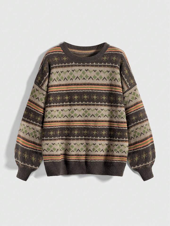 Fairycore Plus Size Women Geometric Pattern Long Sleeve Loose Retro Pullover Sweater, Autumn/Winter