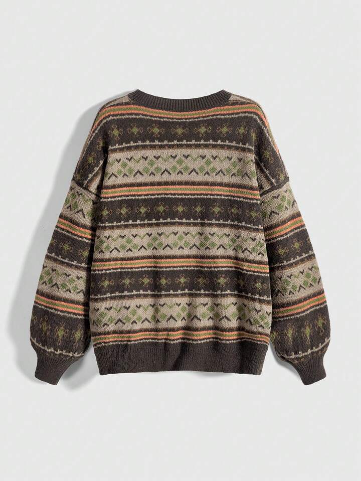 Fairycore Plus Size Women Geometric Pattern Long Sleeve Loose Retro Pullover Sweater, Autumn/Winter