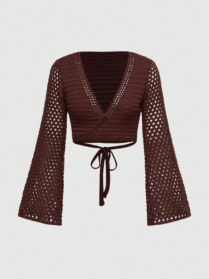 Niche Y2K Retro Fairycore Design Mesh Hollow Criss-Cross Strap Short Knit Cardigan, Casual Cropped Top