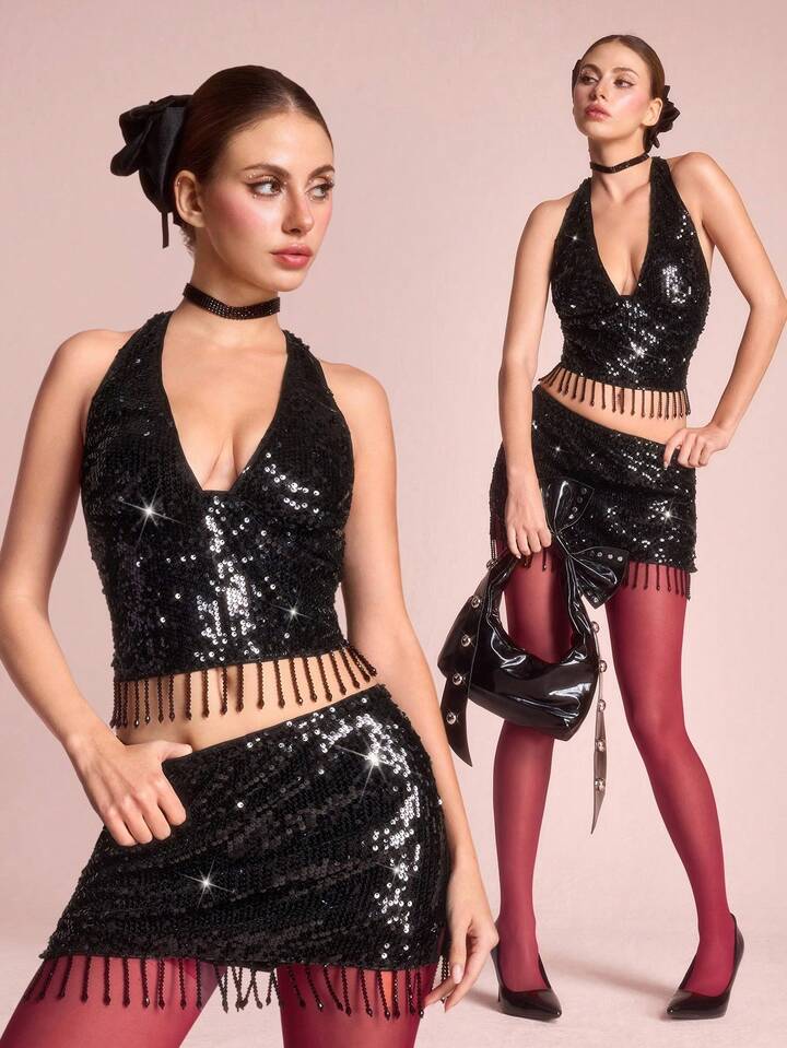 EDITION Y2K Glam Disco Party Sequin Decor Deep V Crop Top & Mini Skir2 Piecesce Set