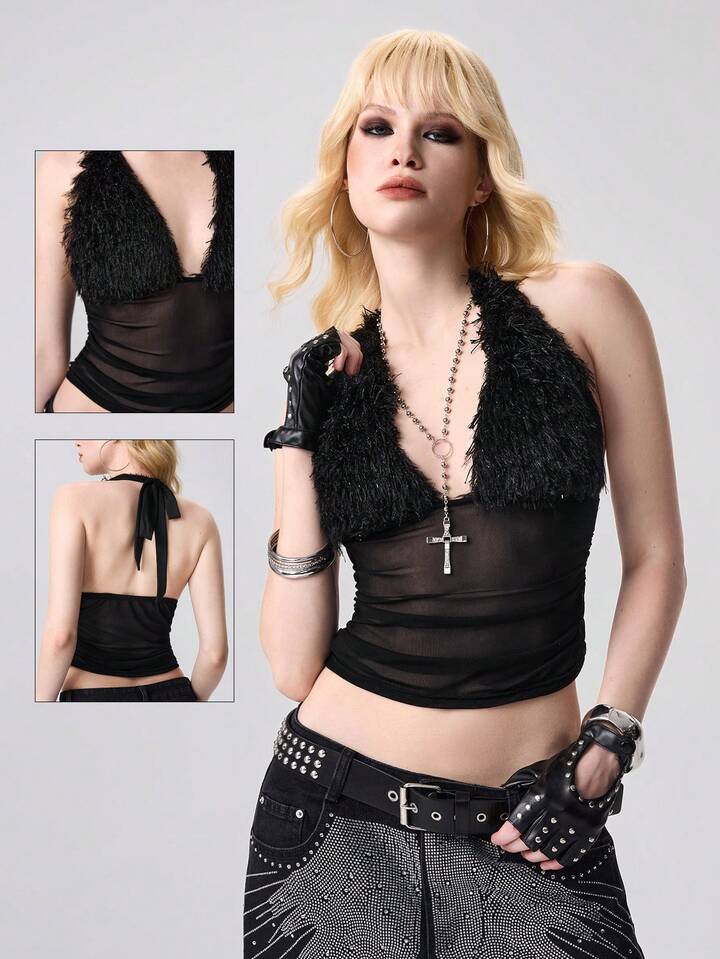 Grunge Punk Y2K Sexy Patchwork Furry Halter Neck Semi-Sheer Camisole For Women