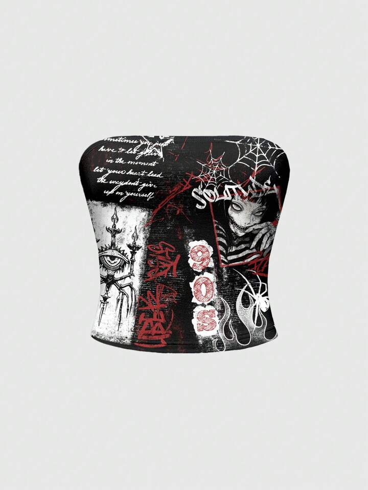 Anime Dark Goth Girl Cross Eye Slogan Print Tube Top