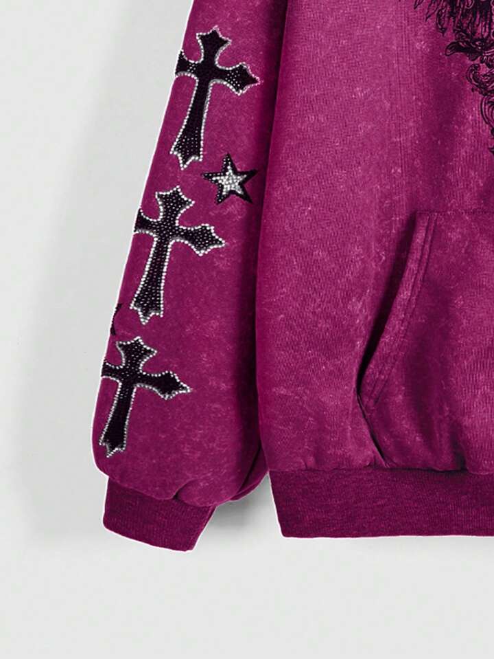 Fairycore Plus Size Lily Flower Rhinestone Distressed Faux Fur Patchwork Hooded Long Sleeve Sweatshirt
