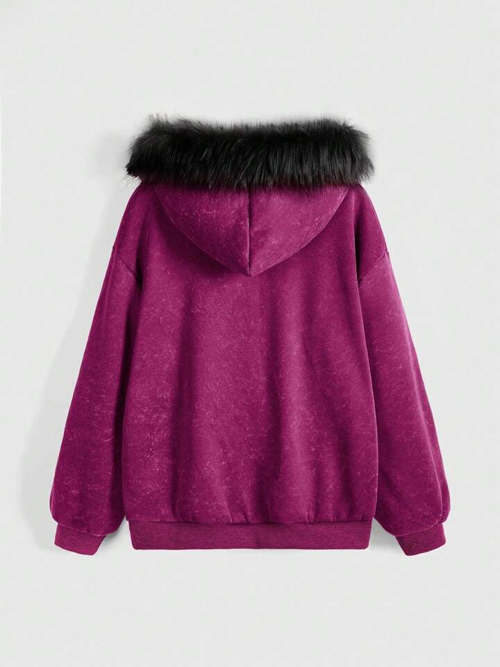 Fairycore Plus Size Lily Flower Rhinestone Distressed Faux Fur Patchwork Hooded Long Sleeve Sweatshirt