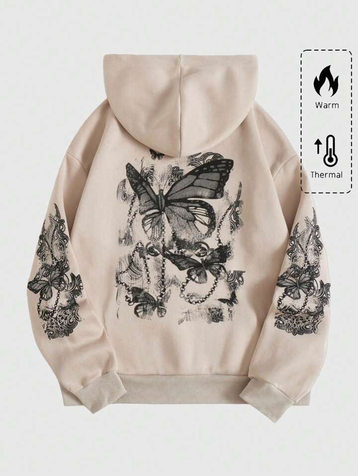 Fairycore Plus Size Butterfly Pattern Drawstring Hooded Casual Sweatshirt Graduation,Back To School Outfits,Graduation,Teacher Outfits For Women,Back To School