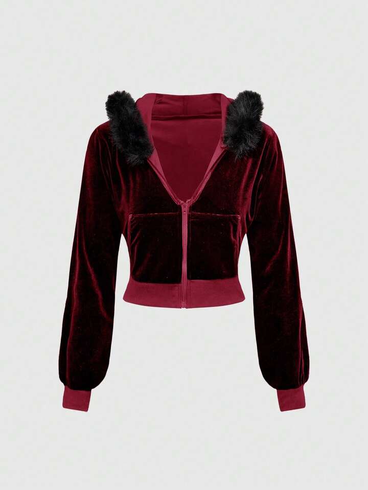 Grunge Punk Y2K Velvet Cropped Hoodie And Low-Waist Flare Pants 2Pcs Set For Women 2 Grunge Punk Y2K Velvet Cropped Hoodie And Low-Waist Flare Pants 2Pcs Set For Women
