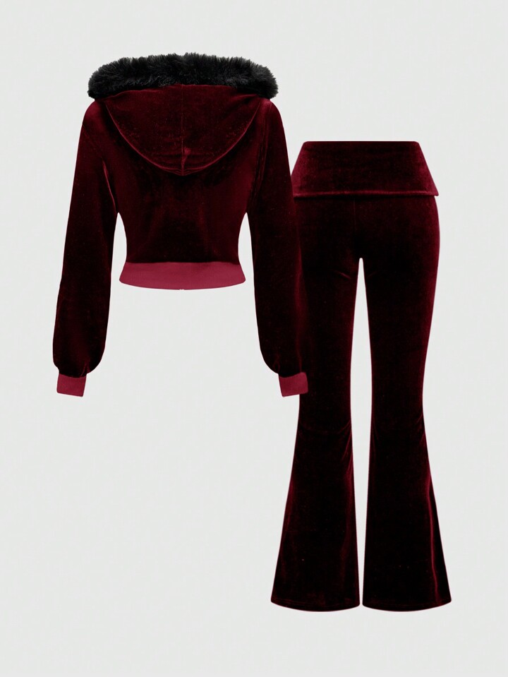 Grunge Punk Y2K Velvet Cropped Hoodie And Low-Waist Flare Pants 2Pcs Set For Women 7 Grunge Punk Y2K Velvet Cropped Hoodie And Low-Waist Flare Pants 2Pcs Set For Women