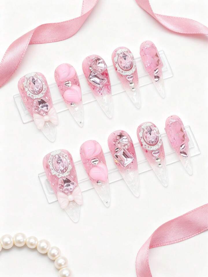 Kawaii 10 Pieces Of Gradual Change Pink Manicure Patch + 3 Pieces Of Double-Sided Tape, High-Quality Diamond Sequins Love Bow Elements Hand-Painted Fake Nails, Y 2 K Removable And Reusable Long Almond-Shaped Armor, Suitable For Daily Wear In All Seasons, And Can Also Be Used For Parties, Dances And Other Daily Occasions.
