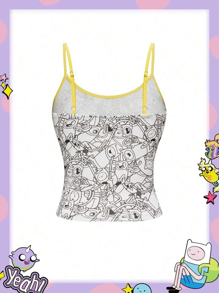 Adventure Time X ROMWE Women Cartoon And Letter Graphic Ringer Cropped Cami Top