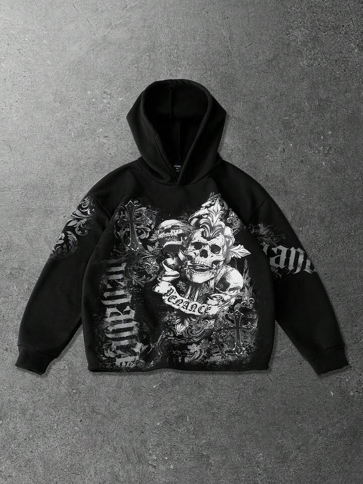 Men's Loose Fit Graphic Print Hoodie, Retro Street Style