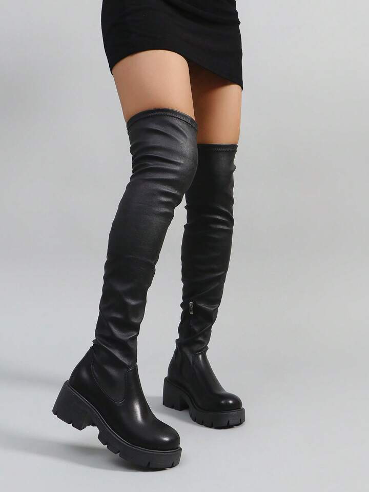 Goth Women's Fashion Over The Knee Boots Comfortable Round Toe Chunky Block Heels Thigh High Boots With Adjustable Drawstring And Side Zipper For Spring Spring Break Easter For Christmas