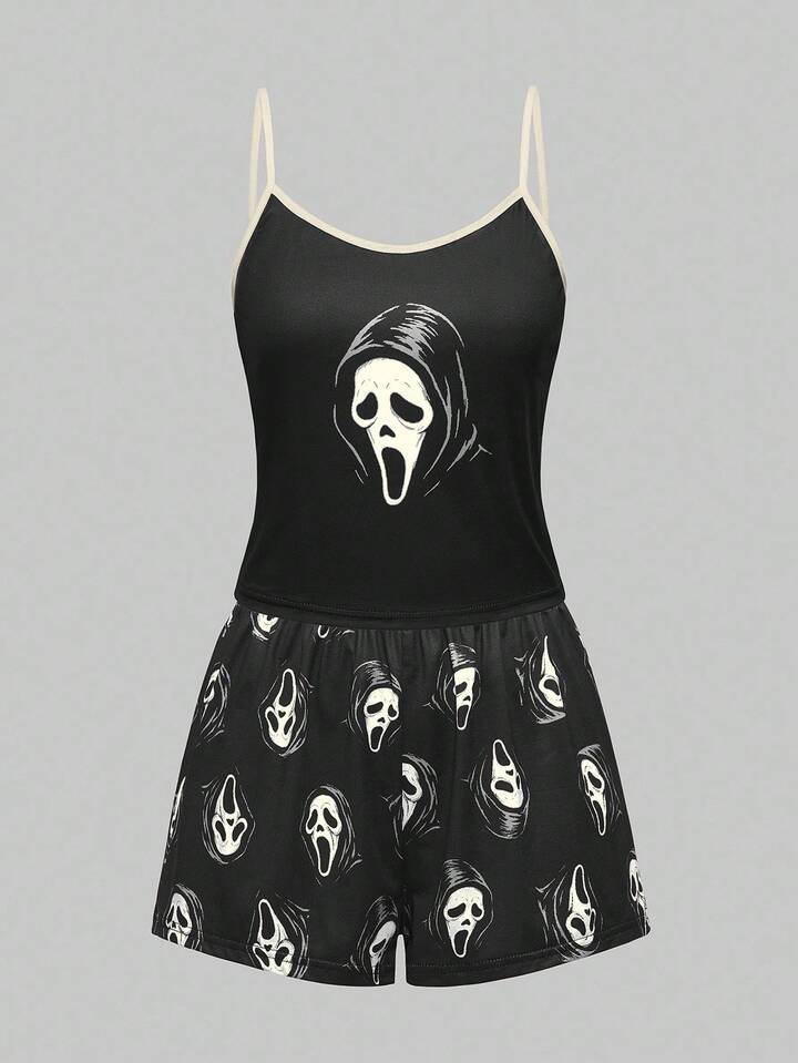 Women's Gothic Imp Pattern Contrast Color Strap Camisole & Shorts Casual Pajama Set